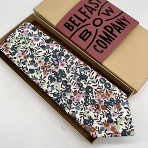 Liberty Tie in Blue, Orange, Lilac and Green Floral - Matching Pocket Squares & Cufflinks available