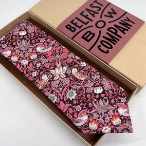 Liberty Tie in Burgundy Strawberry Thief Birds Motif - Matching Pocket Square & Cufflinks available