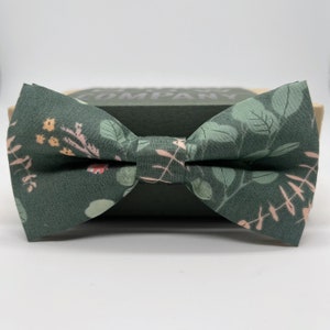 Boho Blooms Bow Tie in Dark Sage Green Floral - Pre-Tied, Self-Tie, Boy&#39;s sizes, Pocket Square & Cufflinks