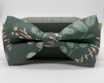 Boho Blooms Bow Tie in Dark Sage Green Floral - Pre-Tied, Self-Tie, Boy's sizes, Pocket Square & Cufflinks