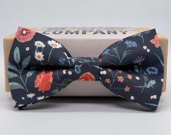 Boho Blooms Bow Tie in Navy Spring Garden - Sage Green White Soft Coral Blue - Pre-Tied, Self-Tie, Boy's sizes, Pocket Square & Cufflinks