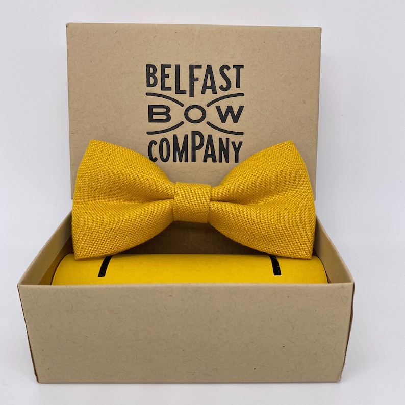 Irish Linen Bow Tie in Mustard Yellow Self-Tie, Pre-Tied, Boy's Sizes, Pocket Square & Cufflinks available image 2