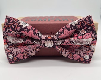 Liberty Bow Tie in Burgundy Strawberry Thief Birds Motif - Self-Tie, Pre-Tied, Boy's Sizes, Pocket Squares & Cufflinks available