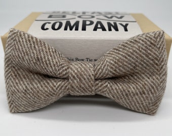 Tweed Bow Tie in Oatmeal Herringbone - Pre-Tied, Boy's sizes, Pocket Square & Cufflinks available
