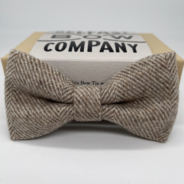 Tweed Bow Tie in Oatmeal Herringbone - Pre-Tied, Boy's sizes, Pocket Square & Cufflinks available