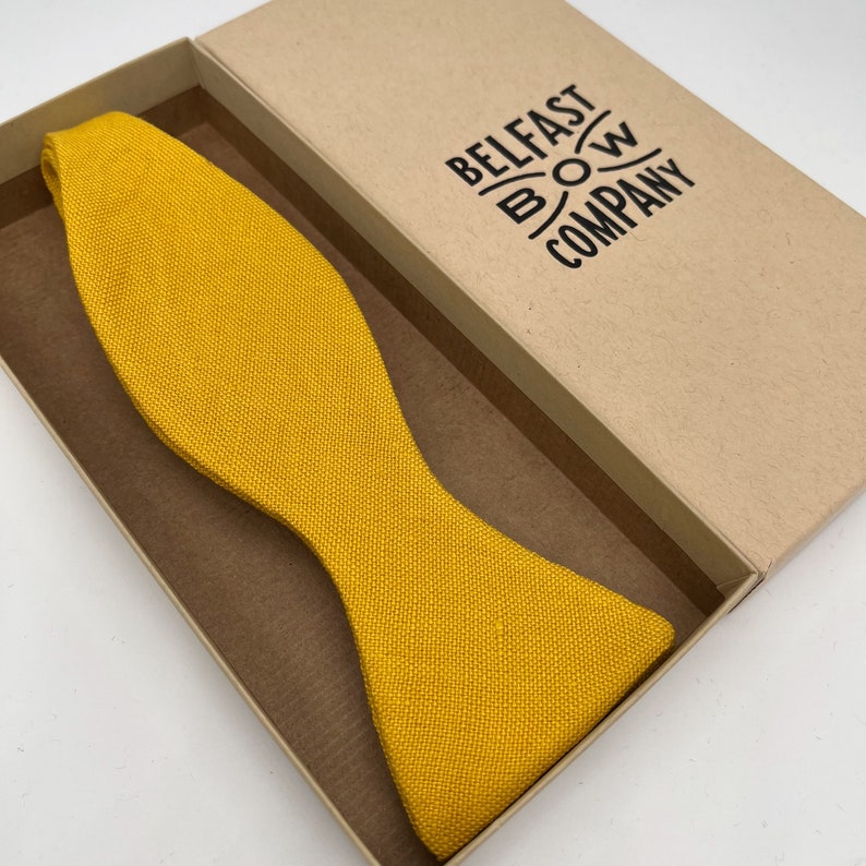 Irish Linen Bow Tie in Mustard Yellow Self-Tie, Pre-Tied, Boy's Sizes, Pocket Square & Cufflinks available Adult Self-Tie