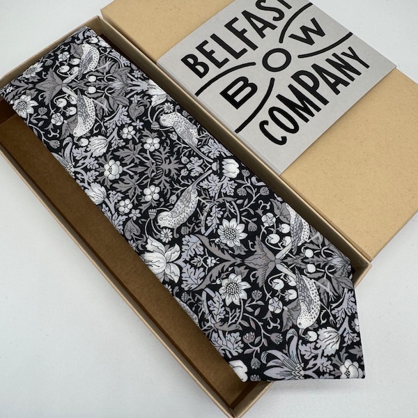 Liberty Tie in Black Strawberry Thief Birds Motif - Matching Pocket Square & Cufflinks available