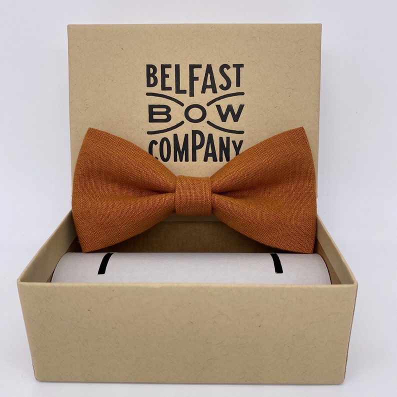Irish Linen Bow Tie in Burnt Orange Self-Tie, Pre-Tied, Boy's Sizes, Pocket Square & Cufflinks available image 2