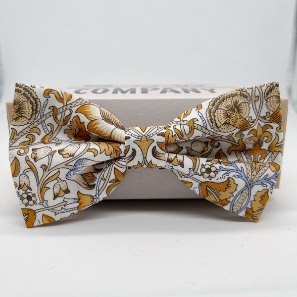 Liberty Bow Tie in Mustard and Blue Scrolling Flowers Motif - Self-Tie, Pre-Tied, Boy's Sizes, Pocket Squares & Cufflinks available