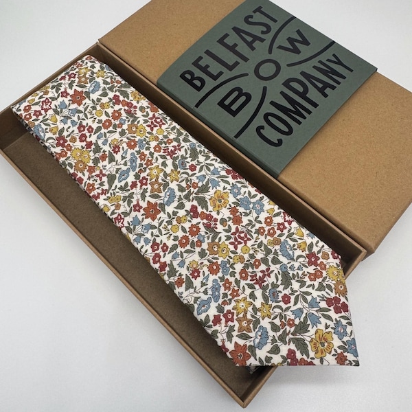 Liberty Tie in Orange, Green and Blue Ditsy Floral - Matching Pocket Square & Cufflinks available