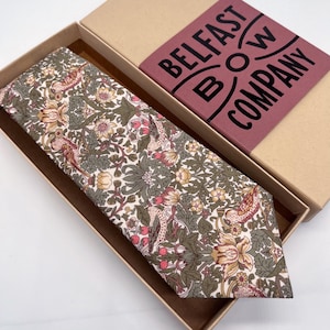 Liberty Tie in Dusty Pink and Olive Green Strawberry Thief Birds Motif - Matching Pocket Square & Cufflinks available