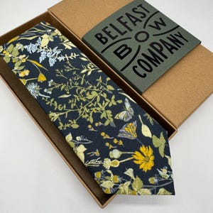 Boho Blooms Tie in Navy, Yellow, Blue and Green Wildflowers - Matching Pocket Square & Cufflinks available