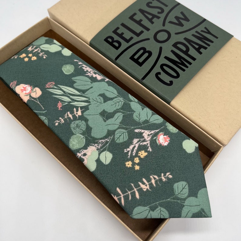 Boho Blooms Tie in Dark Sage Green Floral Matching Pocket Square & Cufflinks available Necktie