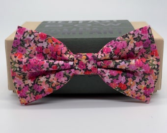 Liberty Bow Tie in Pink, Green and Violet Petals - Self-Tie, Pre-Tied, Boy's Sizes, Pocket Squares & Cufflinks available