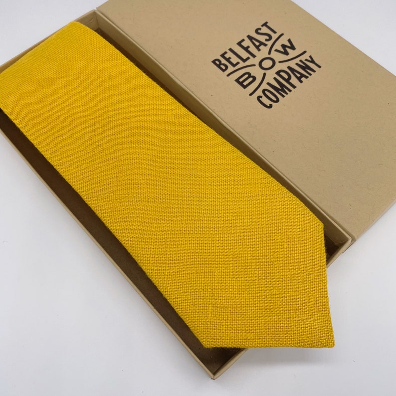 Irish Linen Tie in Mustard Yellow Matching Pocket Square & Cufflinks available image 1