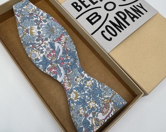 Liberty Self-Tie Bow Tie in Blue Strawberry Thief Birds Motif - Matching Pocket Square & Cufflinks available