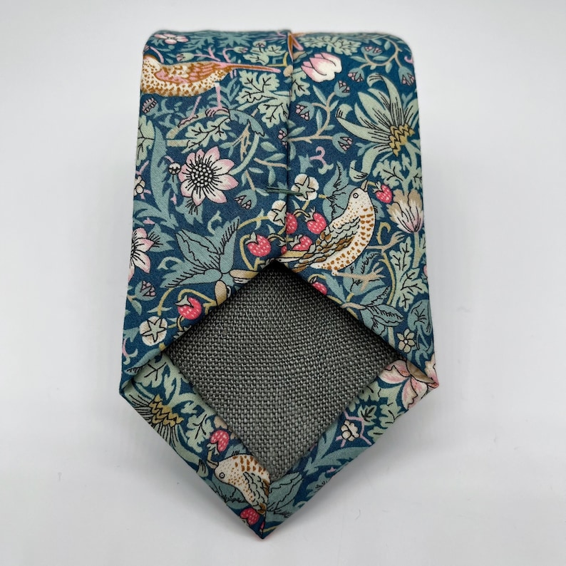 Liberty Tie in Green Strawberry Thief Birds Motif Matching Pocket Square & Cufflinks available image 3