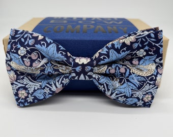 Liberty Bow Tie in Navy Blue Strawberry Thief Birds Motif - Self-Tie, Pre-Tied, Boy's Sizes, Pocket Squares & Cufflinks available