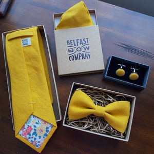 Irish Linen Tie in Mustard Yellow Matching Pocket Square & Cufflinks available image 9