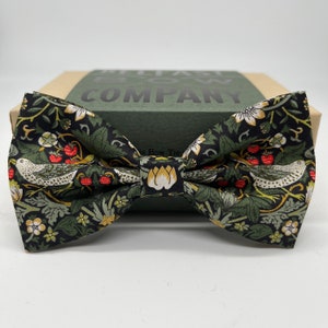 Liberty Bow Tie in Dark Green Strawberry Thief Birds Motif - Self-Tie, Pre-Tied, Boy&#39;s Sizes, Pocket Squares & Cufflinks available