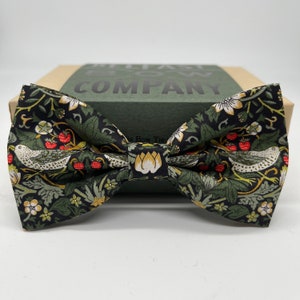 Liberty Bow Tie in Dark Green Strawberry Thief Birds Motif - Self-Tie, Pre-Tied, Boy's Sizes, Pocket Squares & Cufflinks available