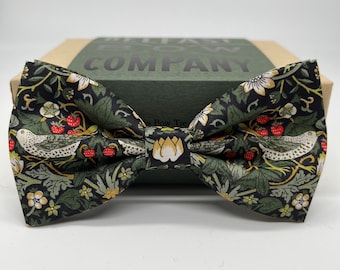 Liberty Bow Tie in Dark Green Strawberry Thief Birds Motif - Self-Tie, Pre-Tied, Boy&#39;s Sizes, Pocket Squares & Cufflinks available