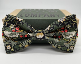 Liberty Bow Tie in Dark Green Strawberry Thief Birds Motif - Self-Tie, Pre-Tied, Boy's Sizes, Pocket Squares & Cufflinks available