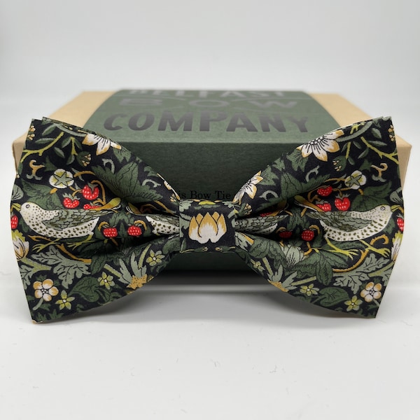 Liberty Bow Tie in Dark Green Strawberry Thief Birds Motif - Self-Tie, Pre-Tied, Boy's Sizes, Pocket Squares & Cufflinks available