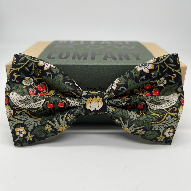 Liberty Bow Tie in Dark Green Strawberry Thief Birds Motif Self-Tie, Pre-Tied, Boy's Sizes, Pocket Squares & Cufflinks available Adult Pre-Tied