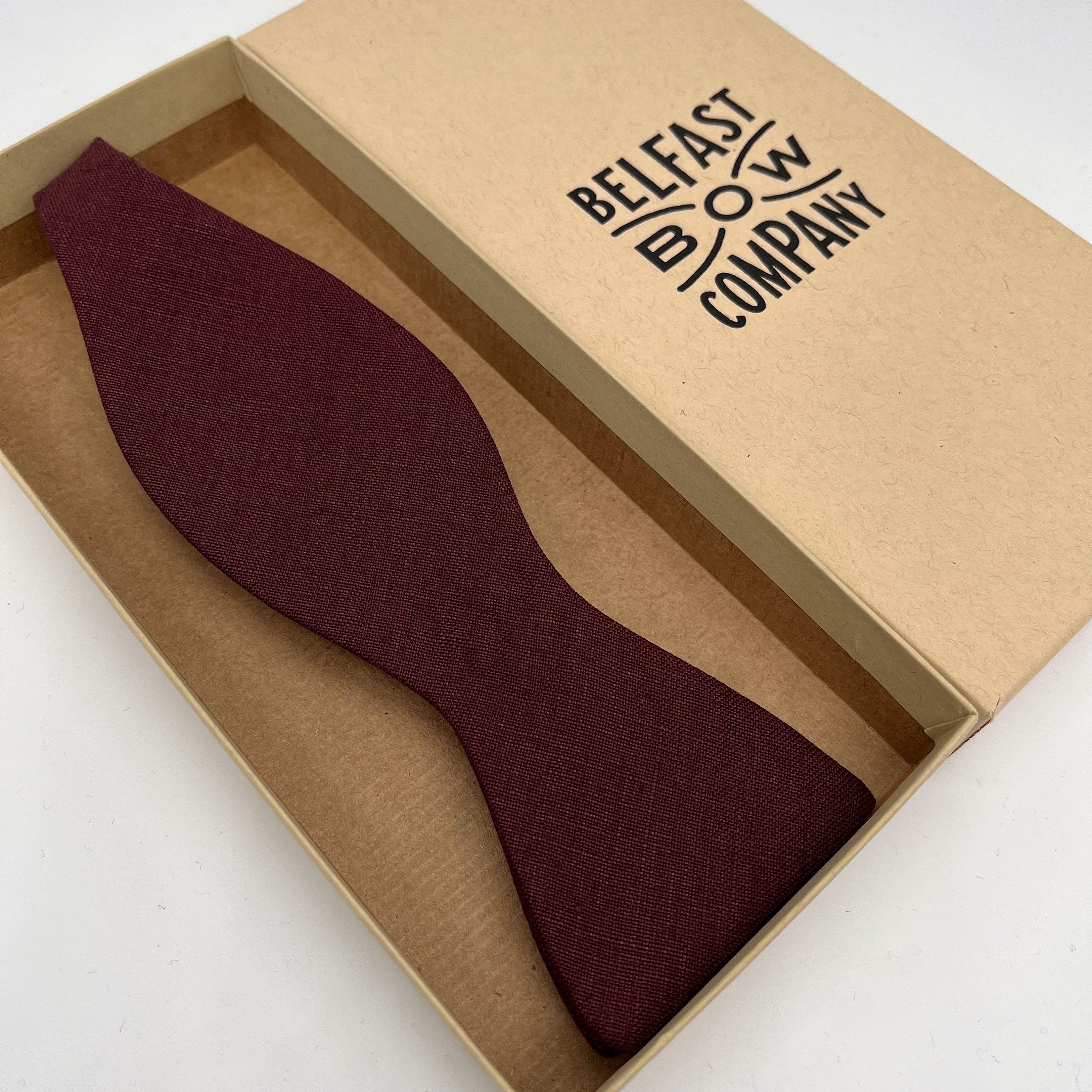 Self-Tie Bow Tie in Burgundy Irish Linen - Matching Pocket Square & Cufflinks available