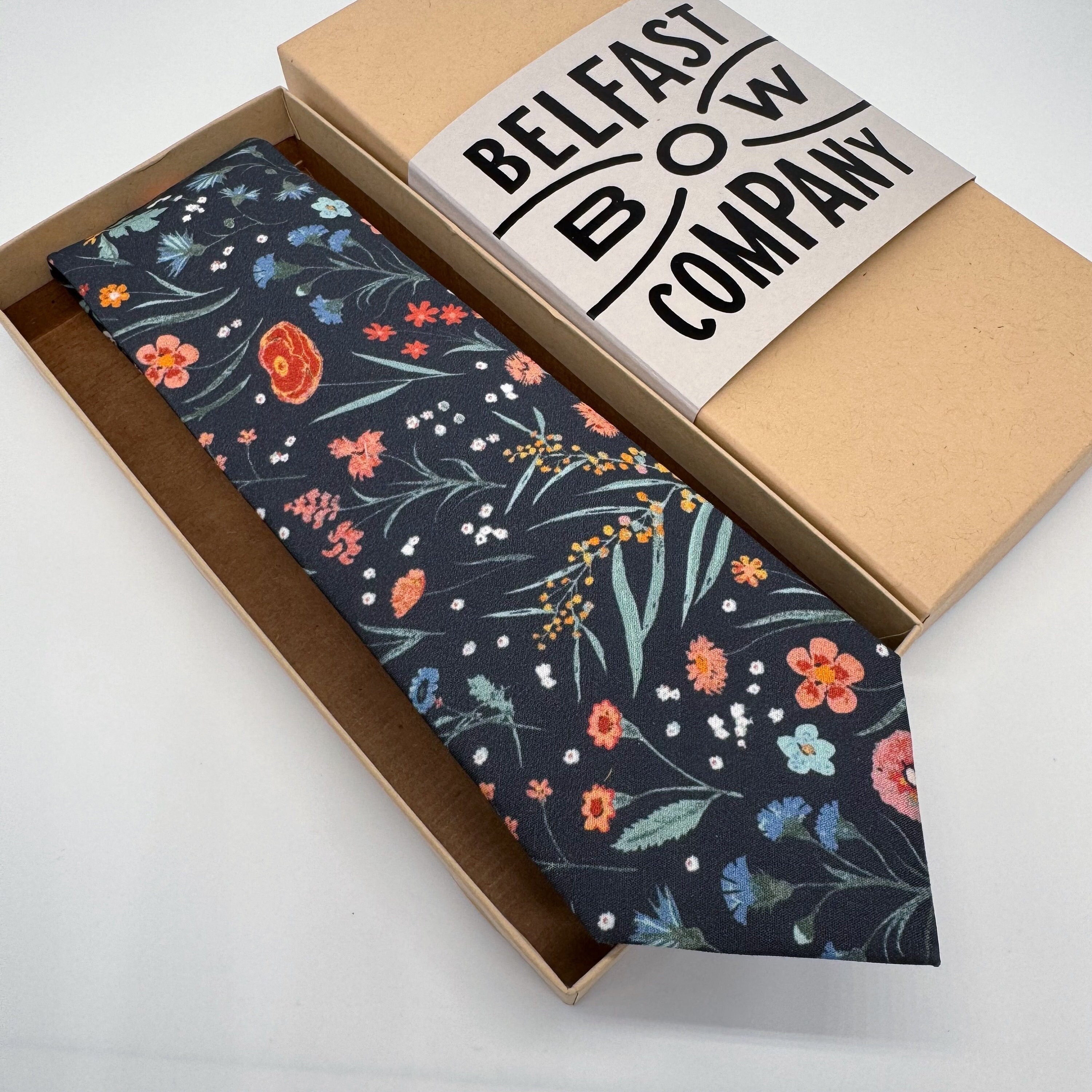 Boho Blooms Tie Navy Spring Garden - Sage Green White Soft Coral Blue - Matching Pocket Square & Cufflinks available