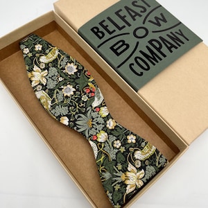 Liberty Self-Tie Bow Tie in Dark Green Strawberry Thief Birds Motif - Matching Pocket Square & Cufflinks available