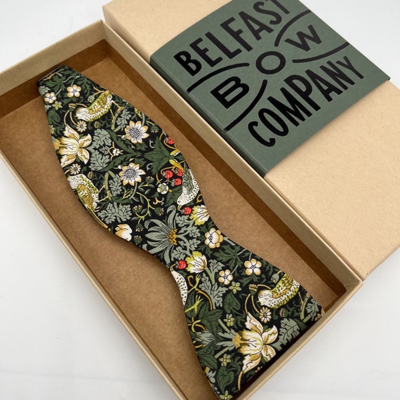 Liberty Self-Tie Bow Tie in Dark Green Strawberry Thief Birds Motif - Matching Pocket Square & Cufflinks available