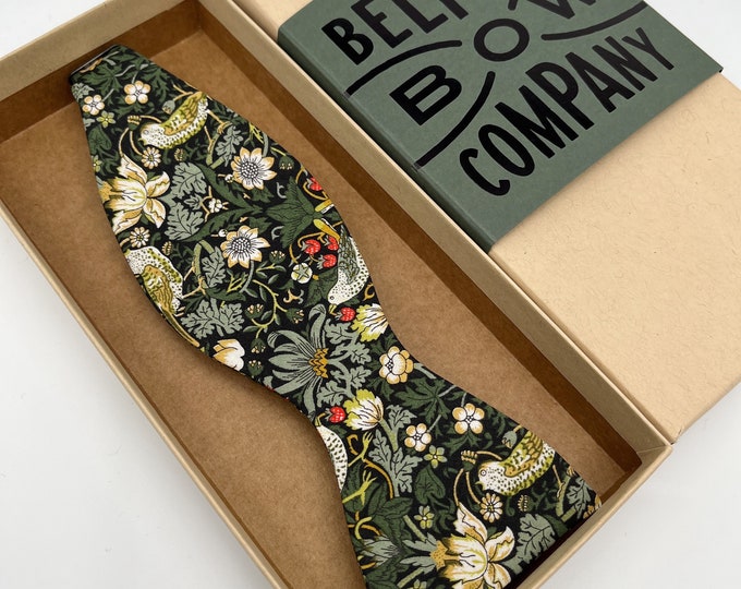 Liberty Self-Tie Bow Tie in Dark Green Strawberry Thief Birds Motif - Matching Pocket Square & Cufflinks available