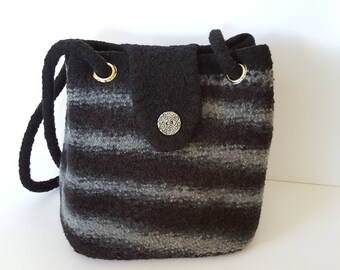 Wool Felted purse handbag shoulder bag wool yarn felted handknit purse,tote, bag, purse organizer, black/grey, adjustable handles