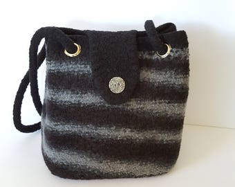 Wool Felted purse handbag shoulder bag wool yarn felted handknit purse,tote, bag, purse organizer, black/grey, adjustable handles