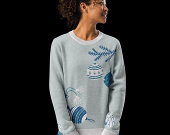 Christmas Ornaments Knitted Crew Neck Sweater, Christmas Shirts, Cute Winter Sweater, Christmas Crewneck Sweatshirt, Knit Holiday Sweater