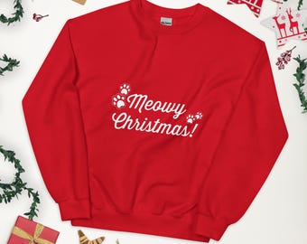 Meowy Christmas Unisex Sweatshirt, Cat Christmas Sweatshirt, Cute Cat Shirt, Cat Lover Gift, Cat Christmas Gift, Simple Holiday Sweater
