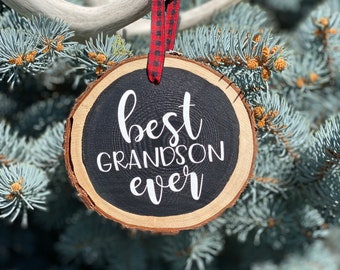 Best Grandson Ever Wood Slice Christmas Ornament, Hand Crafted Wooden Slice Ornament, Rustic Christmas Ornament, Wood Slice Ornament