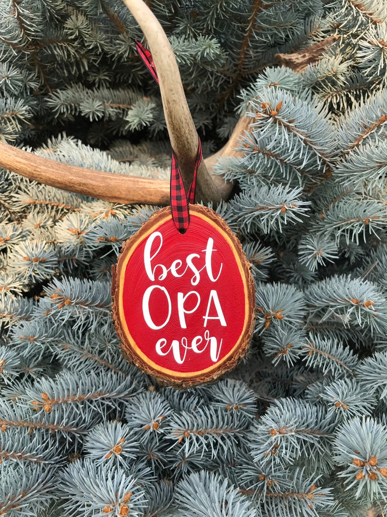 Best Opa Ever Wood Slice Ornament, Hand Crafted Wooden Slice Ornament, Rustic Christmas Ornament, Wood Slice Ornament White on Red