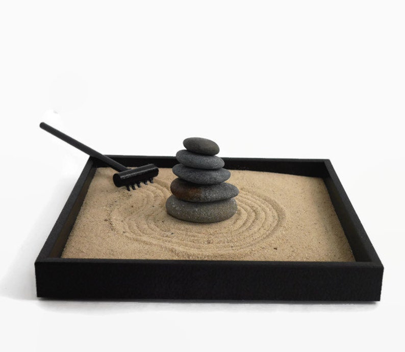 Office Decor Desk Accessories Stacked Stones Mini Zen Garden Relaxation Gifts Stress Relief Kit Stackable Smooth Stones Zen Garden Kit image 1