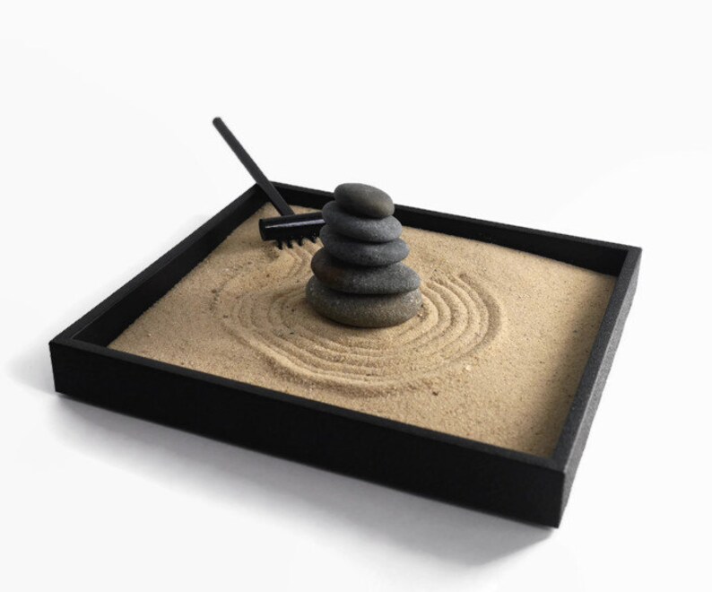 Office Decor Desk Accessories Stacked Stones Mini Zen Garden Relaxation Gifts Stress Relief Kit Stackable Smooth Stones Zen Garden Kit image 2