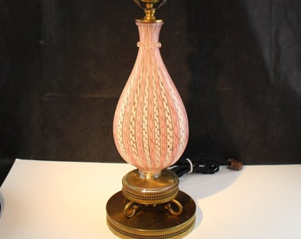 Murano Glass Pink and White Lattimo Zanfirico Table Lamp Brass Base-Interior Design Home Decor Lighting