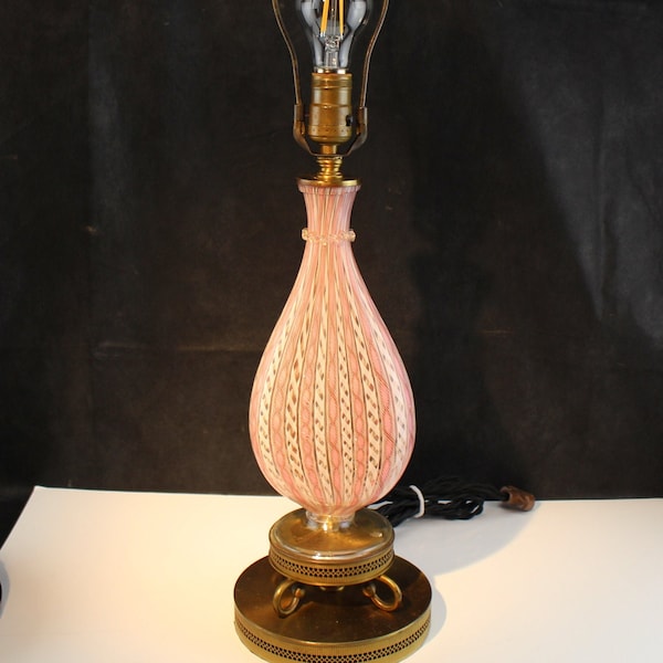 Murano Glass Pink and White Lattimo Zanfirico Table Lamp Brass Base-Interior Design Home Decor Lighting