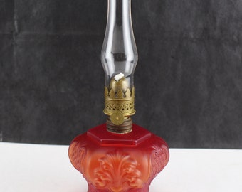 Antique Miniature Oil Lamp Satin Red Lion Face Nutmeg Approved Burner-Collectible Interior Home Lighting Decor