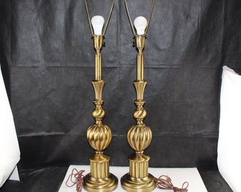 MCM Pair Table Lamps Brass Aged Patina-Interior Home Lighting Hollywood Regency