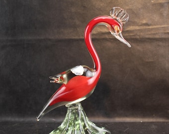 Murano Art Glass Bird Figurine: Red Interior, Crown Feathers
