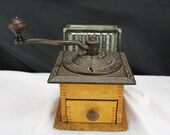 Antique Hand Crank BOX MILL Cast Iron Coffee Grinder Original Wood Finish Working