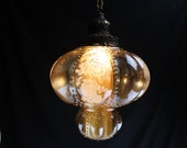 Vintage Swag Light Lamp Brass and Amber Glass White Roses Fenton Falkenstein
