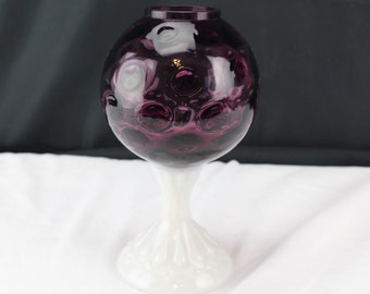 Fenton Art Glass Amethyst Purple Ivy Ball Vase. Coin/Dot Pattern. Milk Glass Pedestal Base